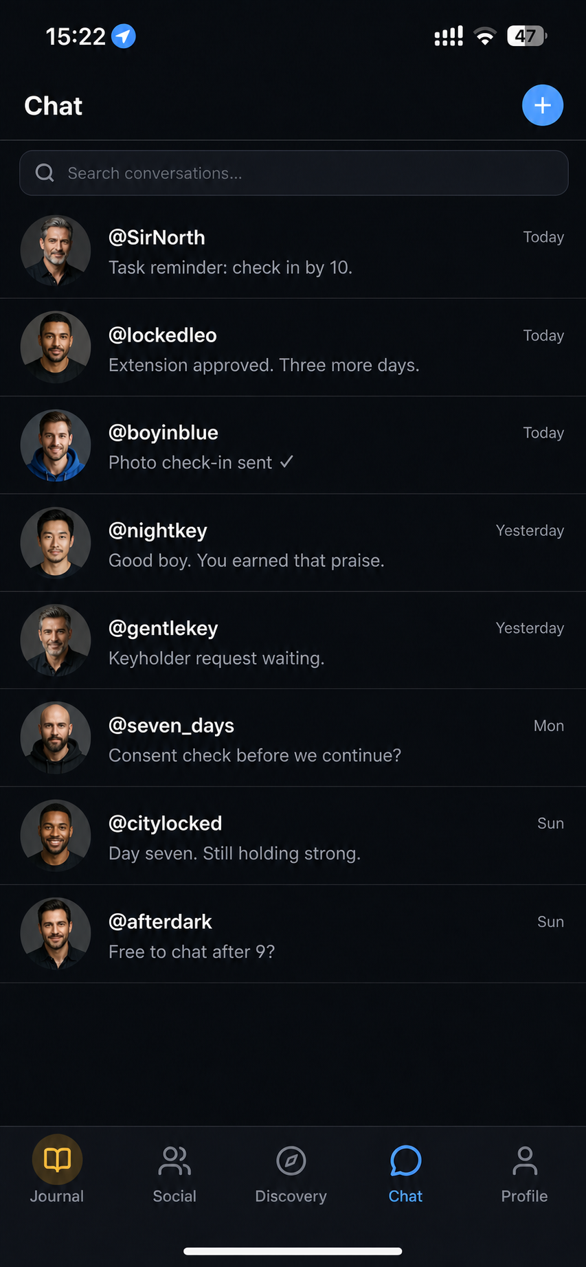 Lockr Chat screen showing eight fictional adult men exchanging consensual task, praise, extension, and check-in messages