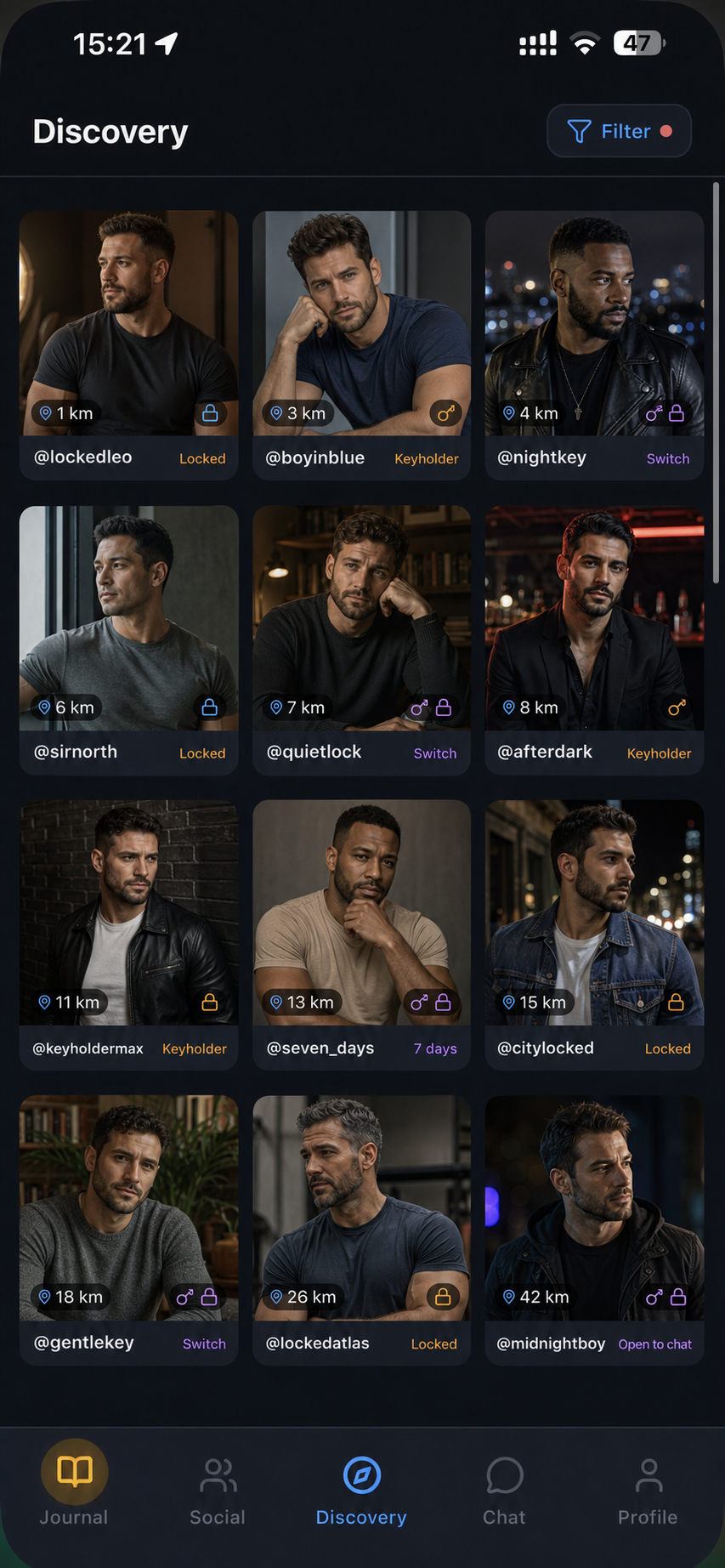 Lockr Discovery screen showing diverse fictional adult male profiles, roles, distances, and lock statuses