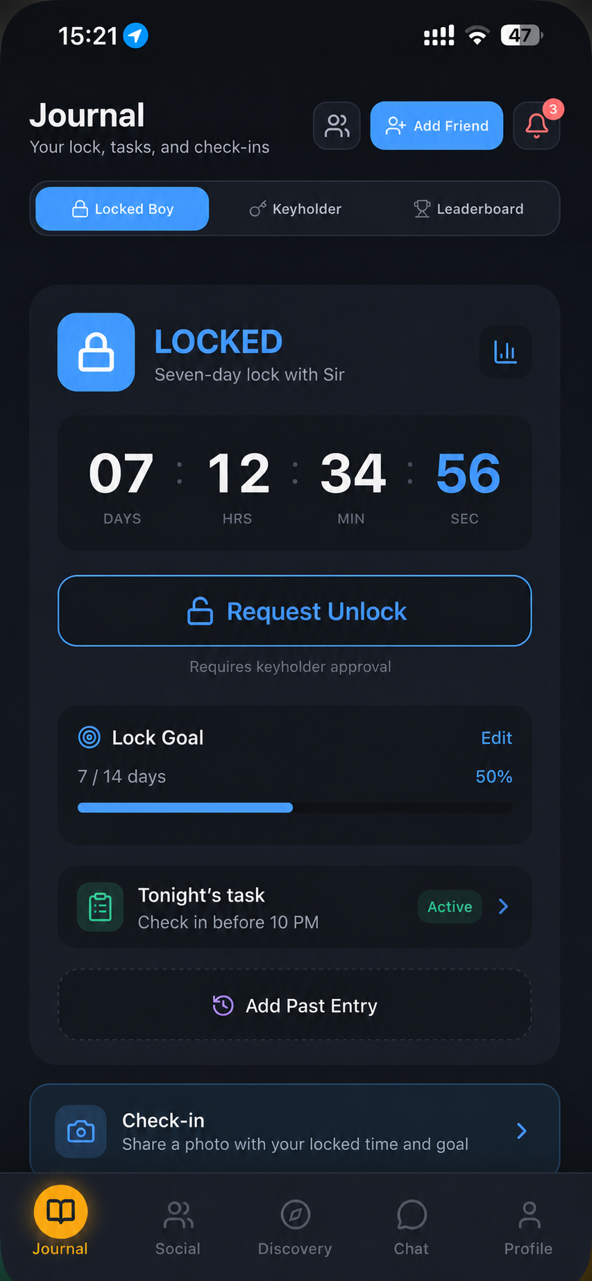 Lockr Journal screen with a fictional adult seven-day chastity lock and keyholder task