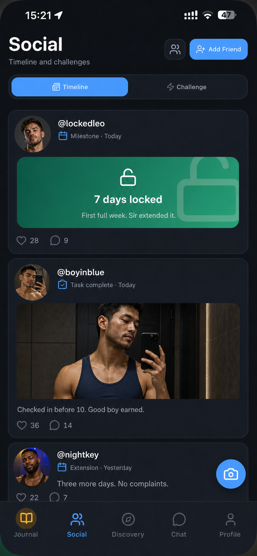 Lockr Social screen showing fictional adult men sharing chastity milestones, tasks, and extensions